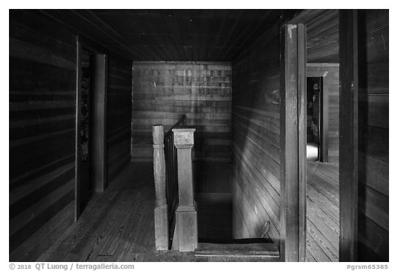 Staircase and rooms inside Caldwell House, Cataloochee, North Carolina. Great Smoky Mountains National Park (black and white)