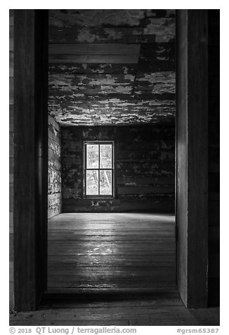 Empty room, Caldwell House, Cataloochee, North Carolina. Great Smoky Mountains National Park (black and white)