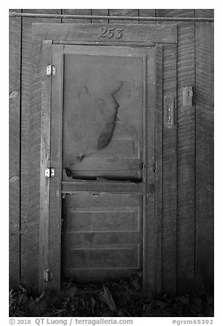 Door near Palmer House, Little Cataloochee, North Carolina. Great Smoky Mountains National Park (black and white)