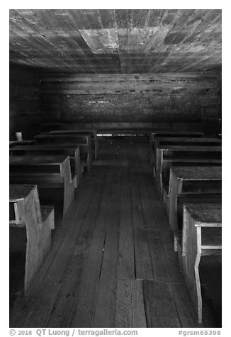 Classroom desks, Little Greenbrier School, Tennessee. Great Smoky Mountains National Park (black and white)