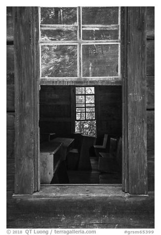 Classroom through window, Little Greenbrier School, Tennessee. Great Smoky Mountains National Park (black and white)