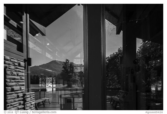 Window reflexion, Oconaluftee Visitor Center, North Carolina. Great Smoky Mountains National Park (black and white)