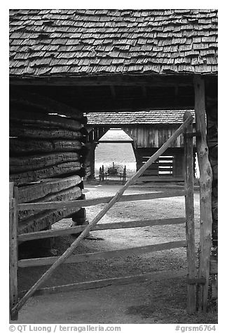 Barn seen through another barn, Cades Cove, Tennessee. Great Smoky Mountains National Park, USA.