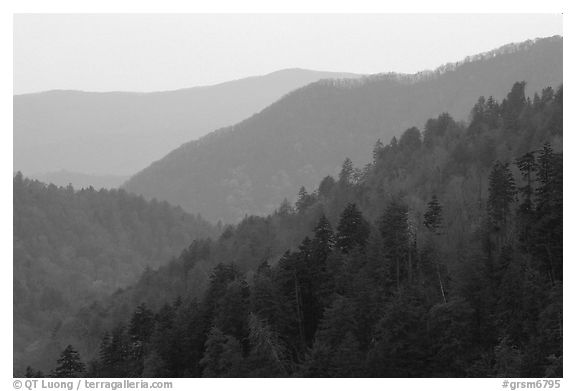 Ridges from Morton overlook, dusk, Tennessee. Great Smoky Mountains National Park (black and white)