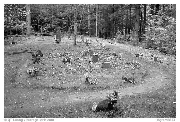 Pioneer Cemetery in forest clearing, Greenbrier, Tennessee. Great Smoky Mountains National Park (black and white)
