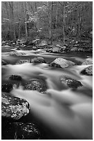 Boulders in flowing water, Middle Prong of the Little River, Tennessee. Great Smoky Mountains National Park, USA. (black and white)