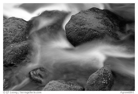 Mossy boulders and flowing water, Roaring Fork River, Tennessee. Great Smoky Mountains National Park (black and white)