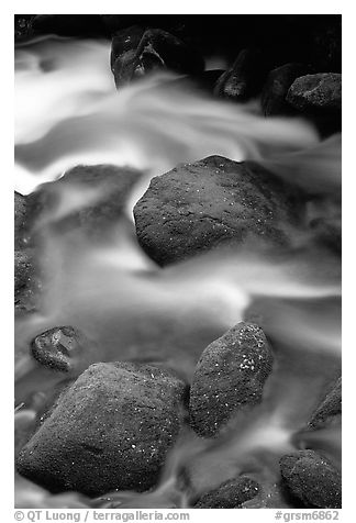 Mossy boulders and silky water, Roaring Fork River, Tennessee. Great Smoky Mountains National Park (black and white)