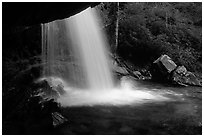 Grotto falls from behind, evening, Tennessee. Great Smoky Mountains National Park, USA. (black and white)