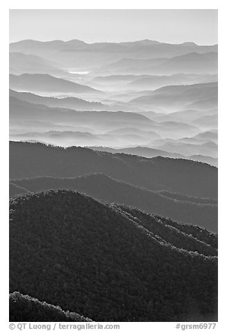 Hazy Ridges seen from Clingmans Dome, North Carolina. Great Smoky Mountains National Park (black and white)