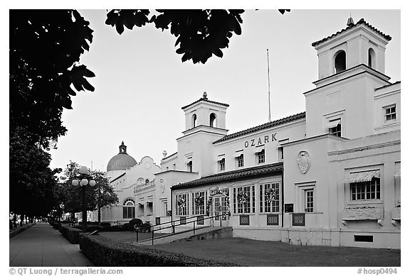 Ozark bathhouse on historic Bathhouse row at dusk. Hot Springs National Park, Arkansas, USA.