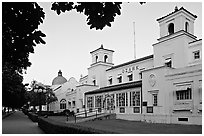 Ozark bathhouse on historic Bathhouse row at dusk. Hot Springs National Park, Arkansas, USA. (black and white)