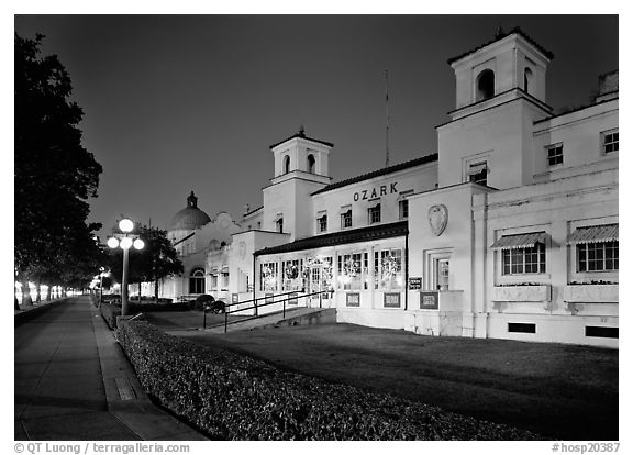 Ozark Bath and Bathhouse row at night in 1997. Hot Springs National Park (black and white)