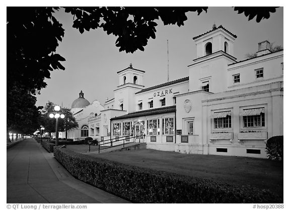 Ozark Bath and Bathhouse row at dusk in 1997. Hot Springs National Park (black and white)