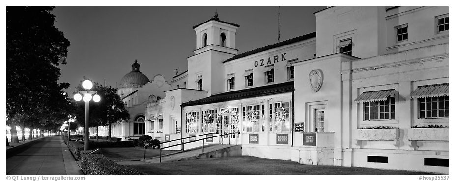 Historic baththouse row at night. Hot Springs National Park (black and white)