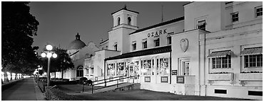 Historic baththouse row at night. Hot Springs National Park (Panoramic black and white)