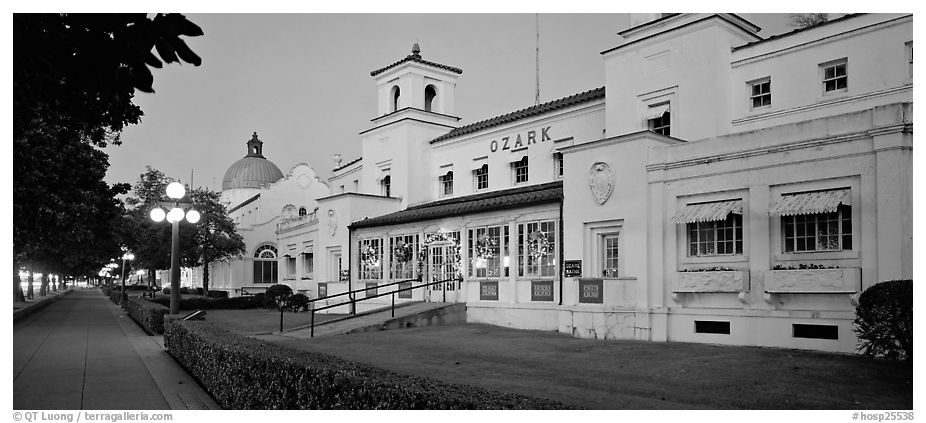Ozark bathhouse at dusk. Hot Springs National Park (black and white)