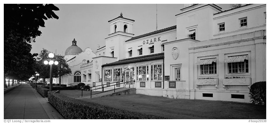 Ozark bathhouse at dusk. Hot Springs National Park (black and white)