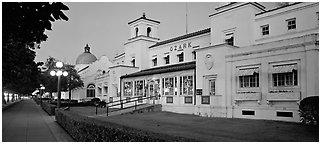 Ozark bathhouse at dusk. Hot Springs National Park (Panoramic black and white)