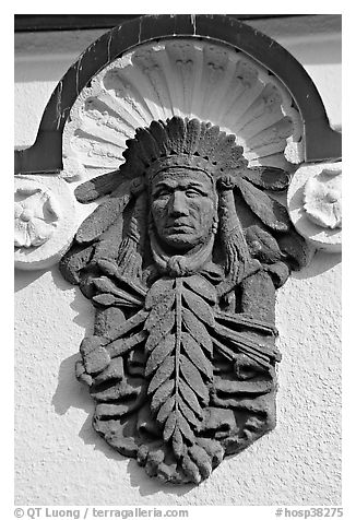 Bas relief depicting Indian chief on Quapaw Baths facade. Hot Springs National Park (black and white)