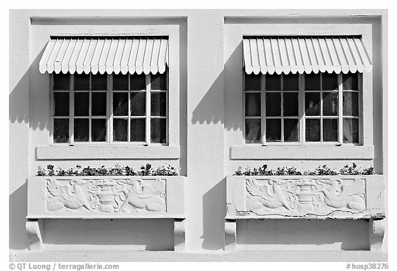 Windows and shades, Ozark Baths. Hot Springs National Park, Arkansas, USA.