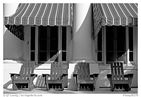 Blue chairs, windows, and shades, Buckstaff Baths. Hot Springs National Park (black and white)