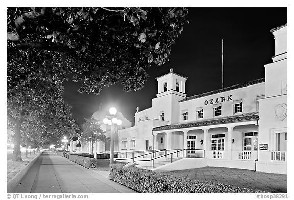 Ozark Baths and Bathhouse Row at night. Hot Springs National Park (black and white)