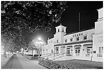 Ozark Baths and Bathhouse Row at night. Hot Springs National Park, Arkansas, USA. (black and white)