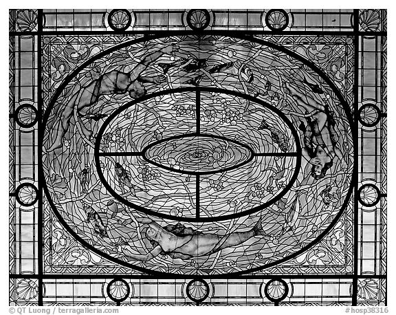 Stained glass on ceiling of men's room, Fordyce Bathhouse. Hot Springs National Park (black and white)