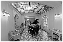 Piano and gallery in assembly room. Hot Springs National Park, Arkansas, USA. (black and white)