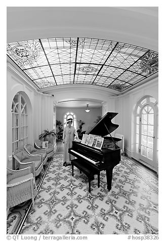 Music room with ceiling of art glass. Hot Springs National Park (black and white)