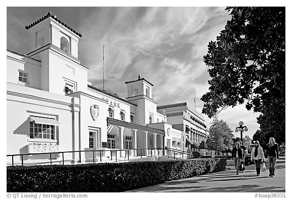 Bathhouse Row with people strolling. Hot Springs National Park (black and white)
