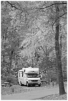 RV in campground with fall colors. Hot Springs National Park, Arkansas, USA. (black and white)