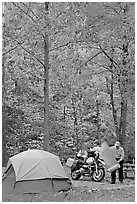 Tent and motorcycle camper under trees in fall colors. Hot Springs National Park, Arkansas, USA. (black and white)