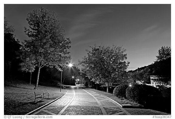 Grand Promenade and West Mountain at dusk. Hot Springs National Park (black and white)