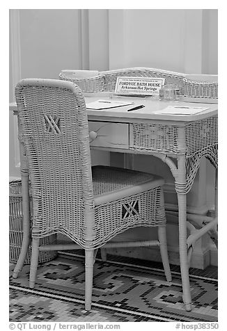 Desk in assembly room, Fordyce Bathhouse. Hot Springs National Park (black and white)