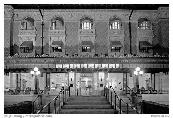 Fordyce Bathhouse facade at night. Hot Springs National Park, Arkansas, USA.