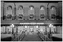 Fordyce Bathhouse facade at night. Hot Springs National Park, Arkansas, USA. (black and white)