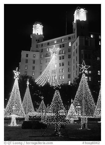 Christmas lights and  Arlington Hotel. Hot Springs, Arkansas, USA (black and white)