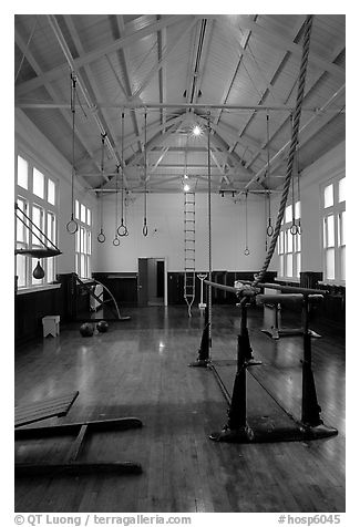 Gym inside Fordyce Bathhouse. Hot Springs National Park (black and white)