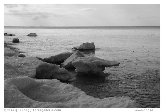 Lakeshore with shelf ice. Indiana Dunes National Park (black and white)