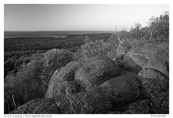 Eroded granite blocs on Mount Franklin at sunset. Isle Royale National Park, Michigan, USA.