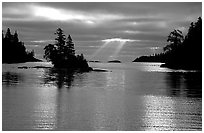 Sunrays and islet,  Chippewa harbor. Isle Royale National Park, Michigan, USA. (black and white)