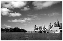 Private fishermen's residences. Isle Royale National Park, Michigan, USA. (black and white)