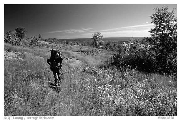 Backpacker walking on Greenstone ridge trail. Isle Royale National Park, Michigan, USA.