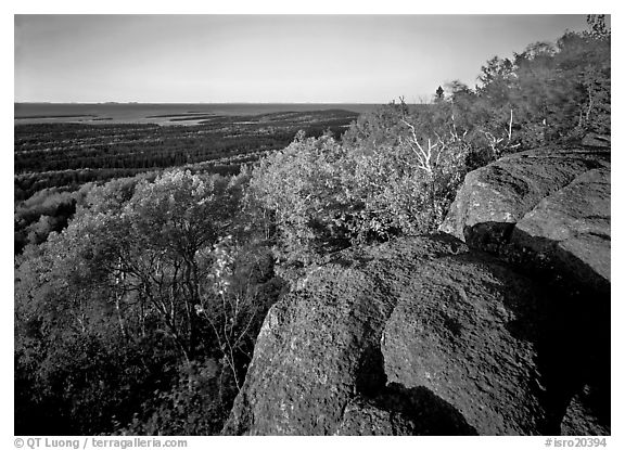 Mount Franklin outcrop, trees, and Lake Superior in the distance. Isle Royale National Park (black and white)
