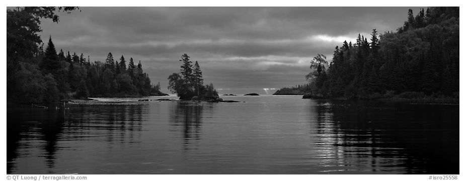 Cloudy sunrise on north woods lake. Isle Royale National Park (black and white)