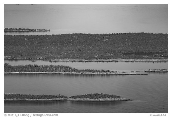Aerial View of Raspberry Island, Bat Island, and Scoville Point. Isle Royale National Park (black and white)