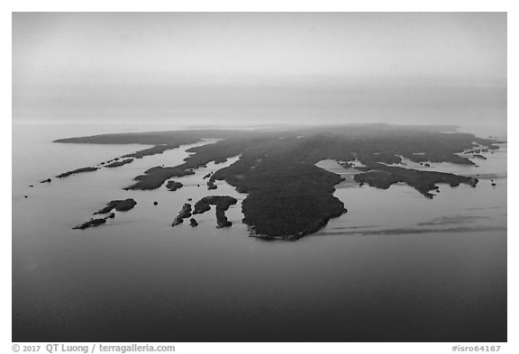 Aerial View of Isle Royale with aligned ridges. Isle Royale National Park (black and white)