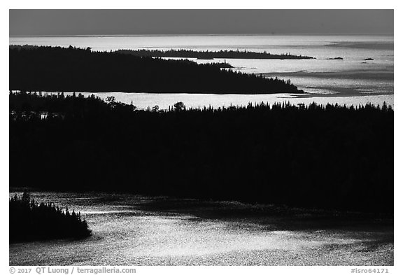 Ridges and water glitter from Louise Lookout. Isle Royale National Park (black and white)